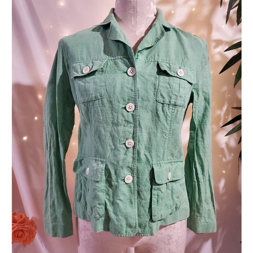 Lands End Womens 100% Linen Button Shirt Jacket Size 6 Pockets Green Natural